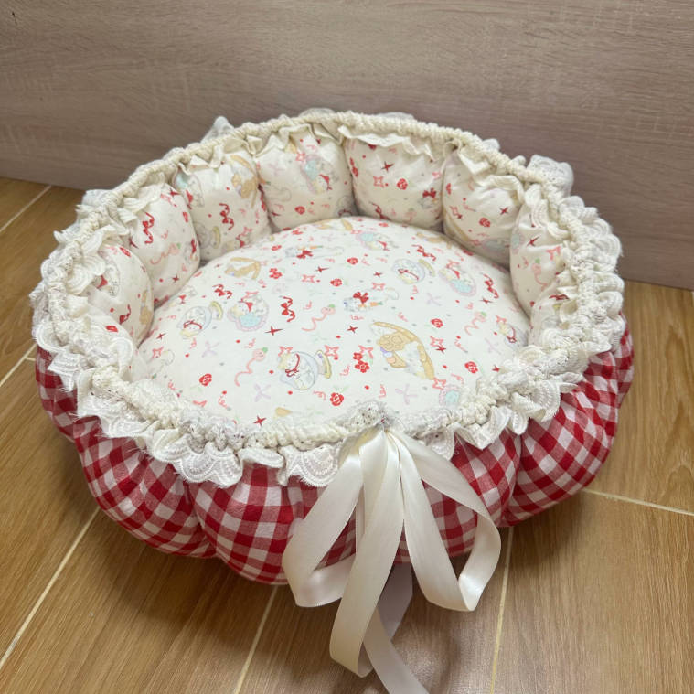 Handmade Pumpkin Cat Bed Soft Cotton Plaid Lace-Up Pet Mat