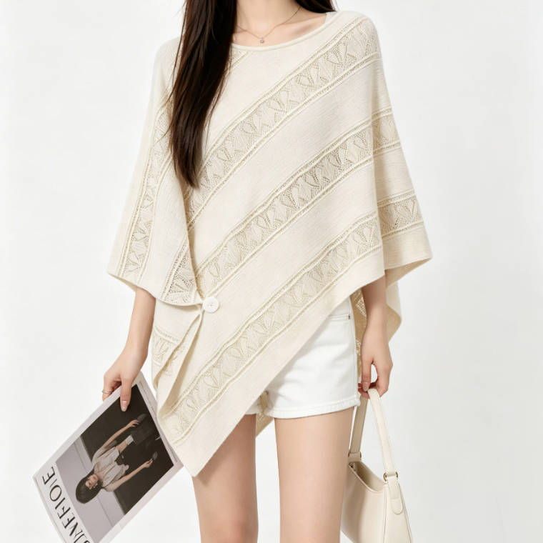 Hollow Elegant Knitted Round Neck Irregular Batwing Sleeve Shawl
