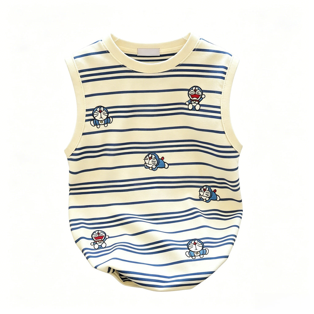 Summer Blue Striped Cartoon Soft Round Neck Pet Clothings