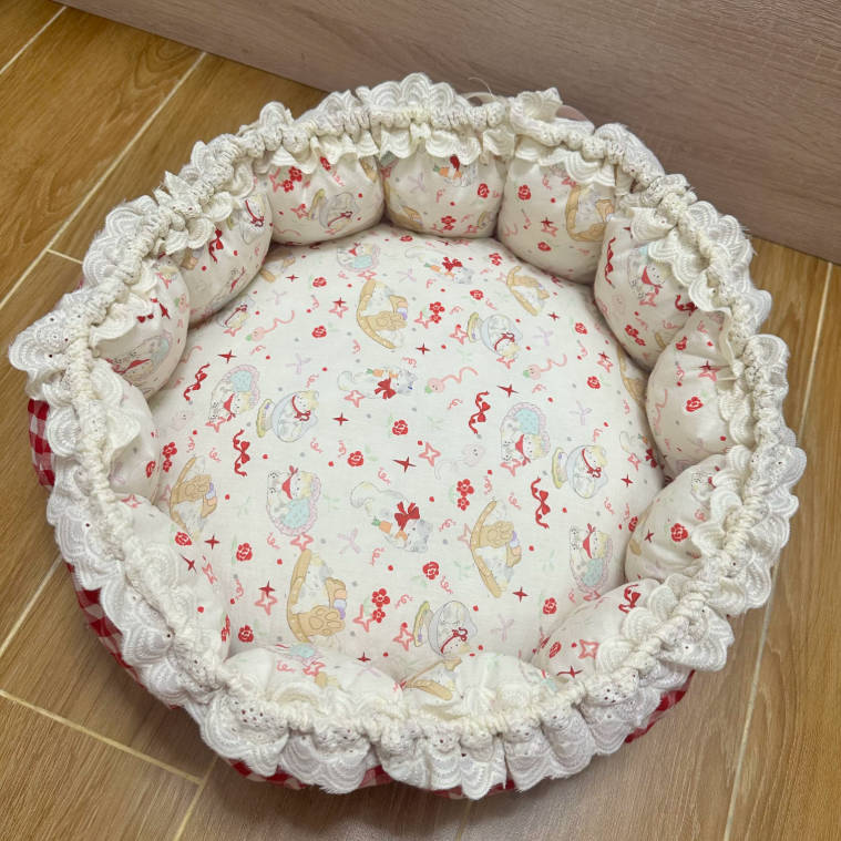 Handmade Pumpkin Cat Bed Soft Cotton Plaid Lace-Up Pet Mat