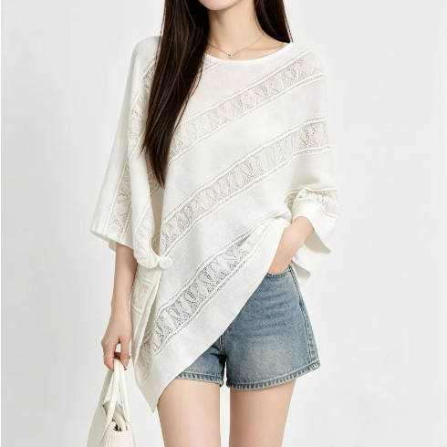 Hollow Elegant Knitted Round Neck Irregular Batwing Sleeve Shawl