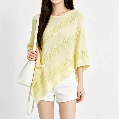 Hollow Elegant Knitted Round Neck Irregular Batwing Sleeve Shawl