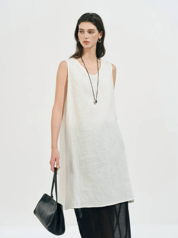 Summer 100% Linen U-Neck Sleeveless Side Slit Long Women Tops