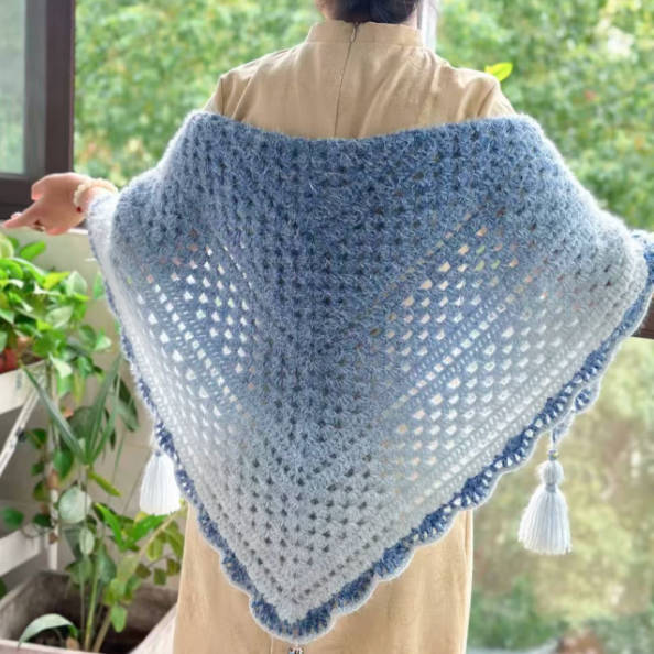 Handmade Crochet Colorful Fringe Ombre Shawl