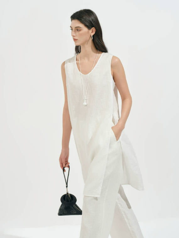 Summer 100% Linen U-Neck Sleeveless Side Slit Long Women Tops