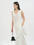 Summer 100% Linen U-Neck Sleeveless Side Slit Long Women Tops