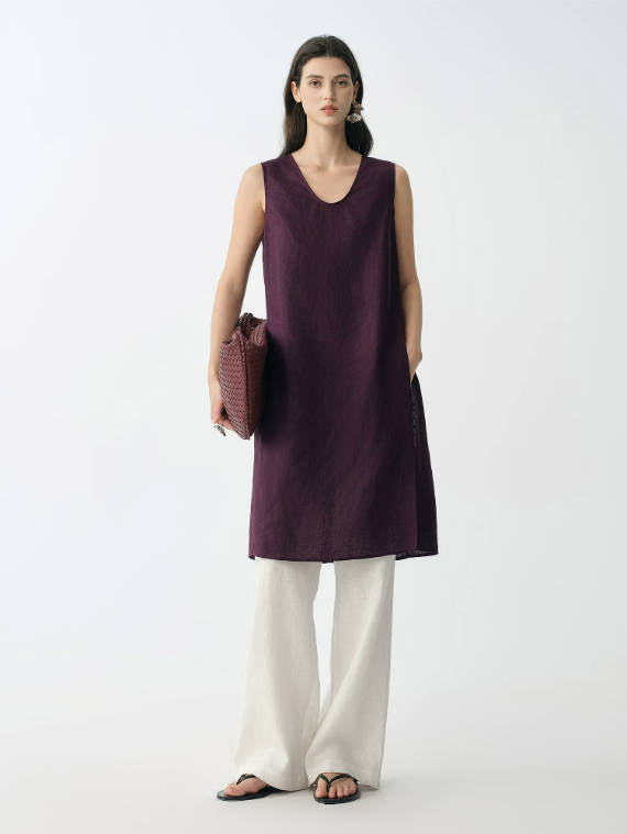 Summer 100% Linen U-Neck Sleeveless Side Slit Long Women Tops