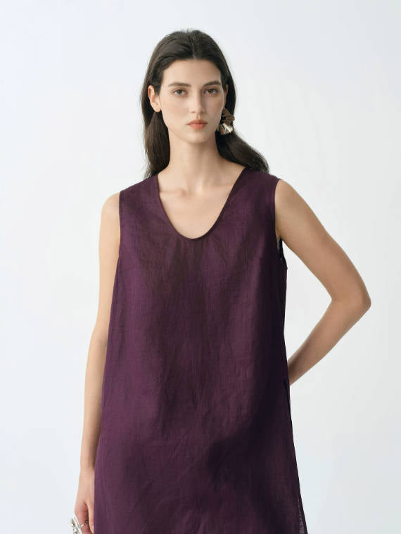 Summer 100% Linen U-Neck Sleeveless Side Slit Long Women Tops