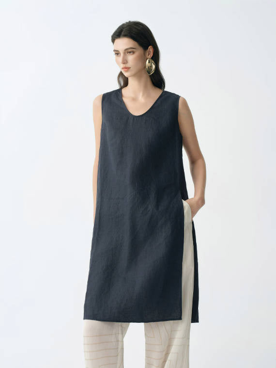 Summer 100% Linen U-Neck Sleeveless Side Slit Long Women Tops