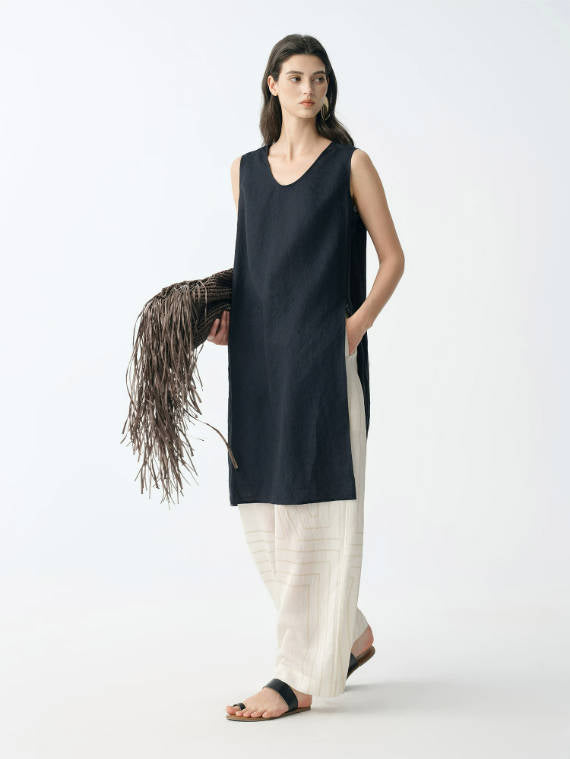 Summer 100% Linen U-Neck Sleeveless Side Slit Long Women Tops