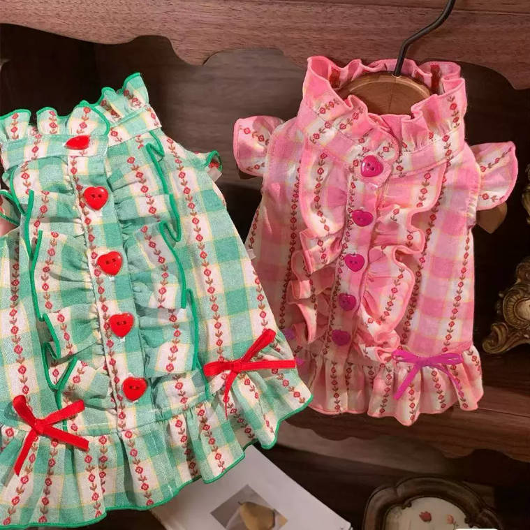 Summer Plaid Bubble Sleeve Princess Pet Dress For Small Dogs Cats