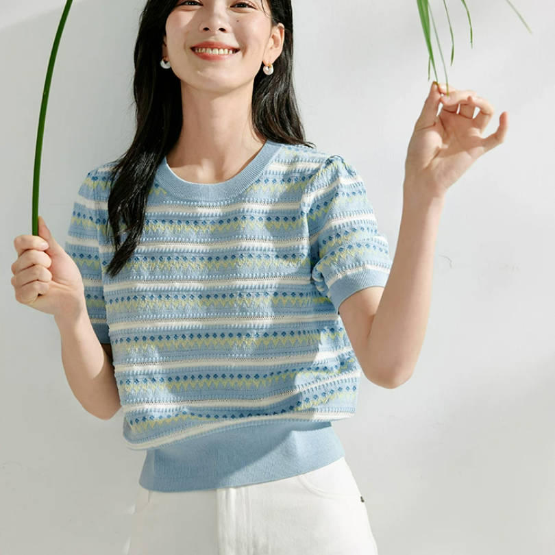 Colorful Striped Knitted Round Neck Short Sleeves T-Shirt