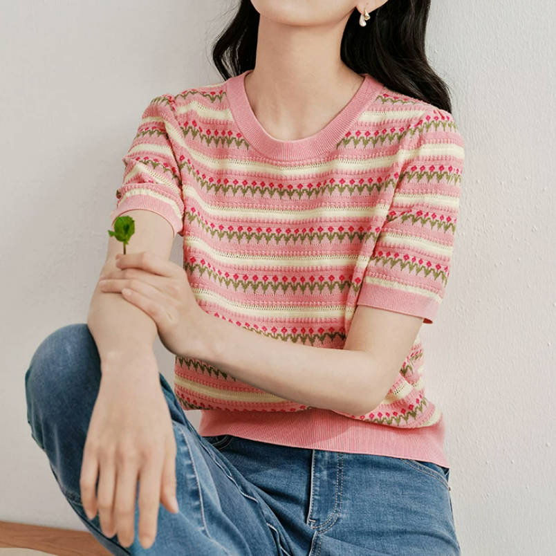 Colorful Striped Knitted Round Neck Short Sleeves T-Shirt