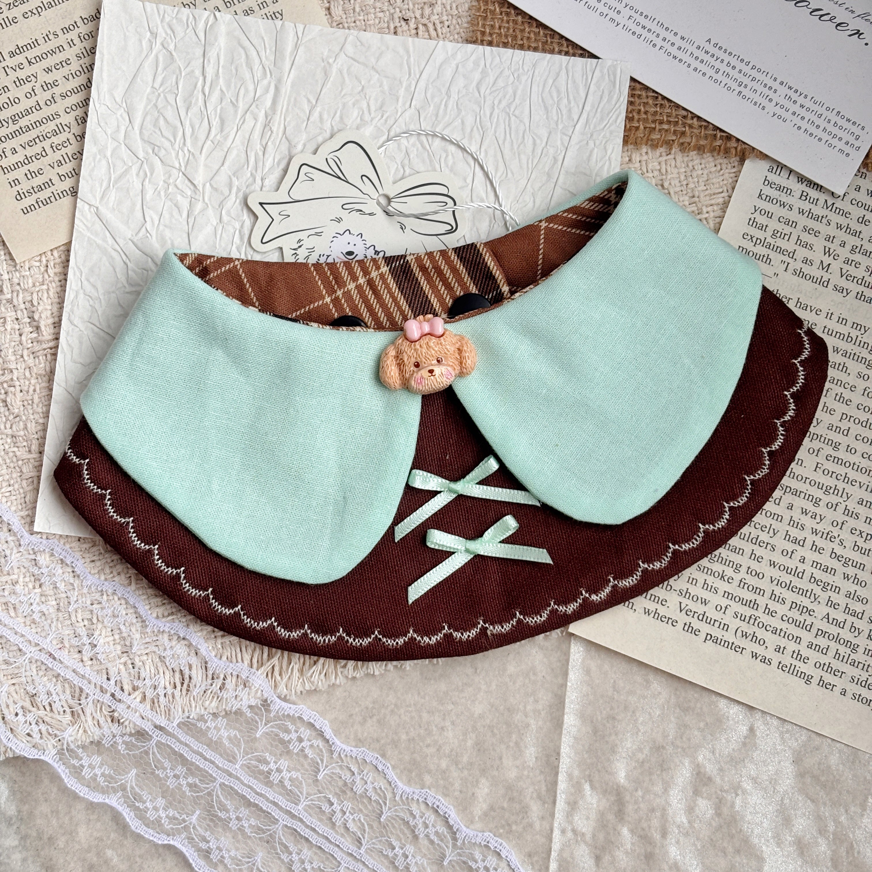 Handmade Cute Patchwork Plaid Embroidered Bow Cat Dog Pet Bib