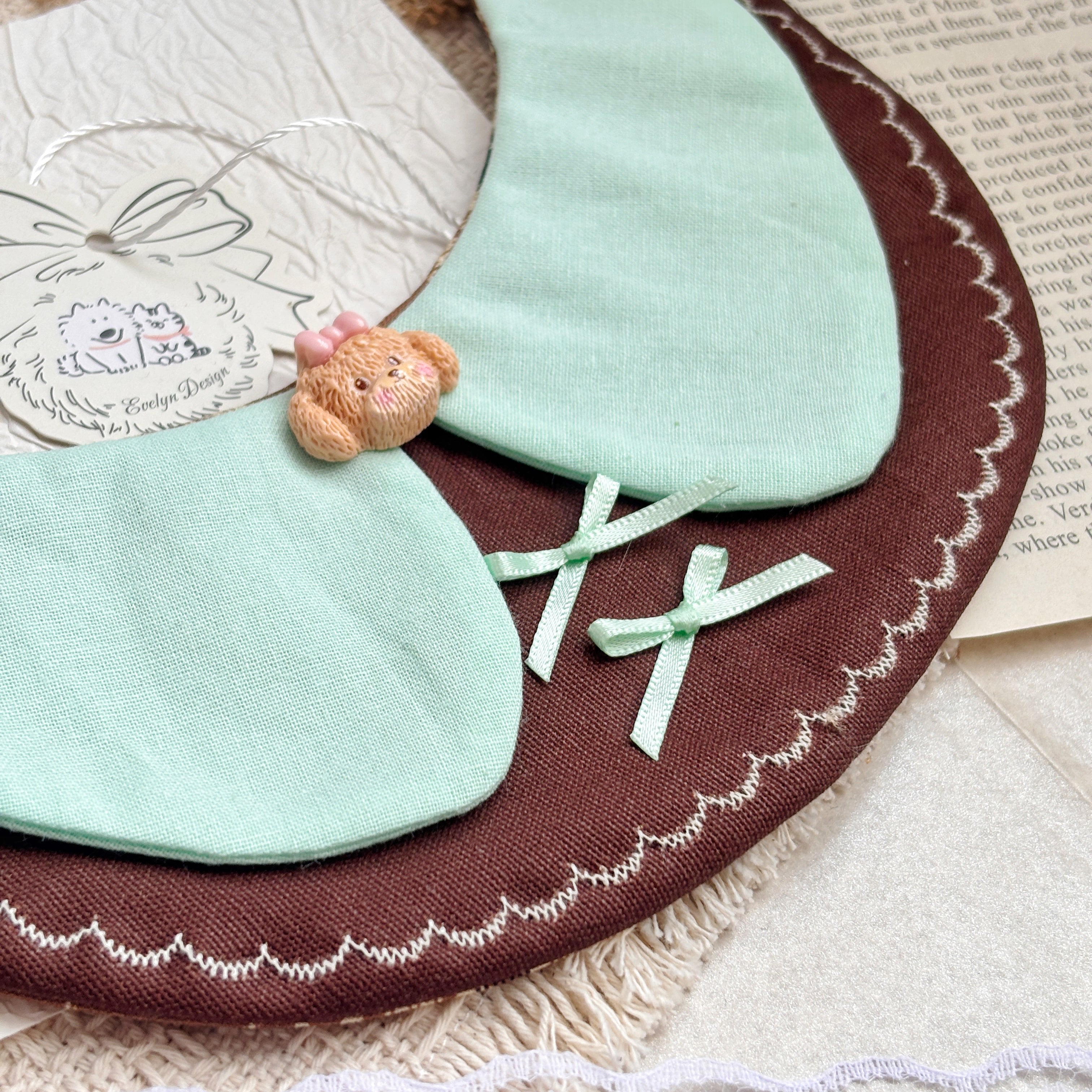 Handmade Cute Patchwork Plaid Embroidered Bow Cat Dog Pet Bib