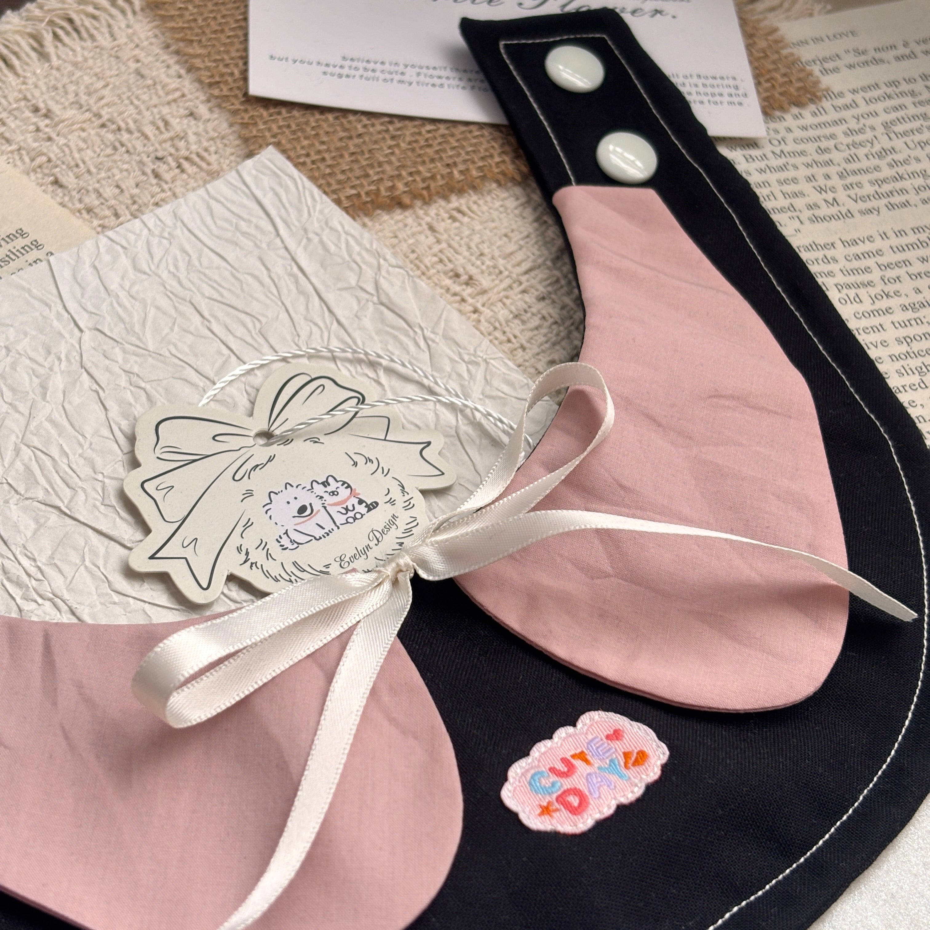 Black Pink Handmade Patchwork Embroidered Bow Cat Dog Pet Bib