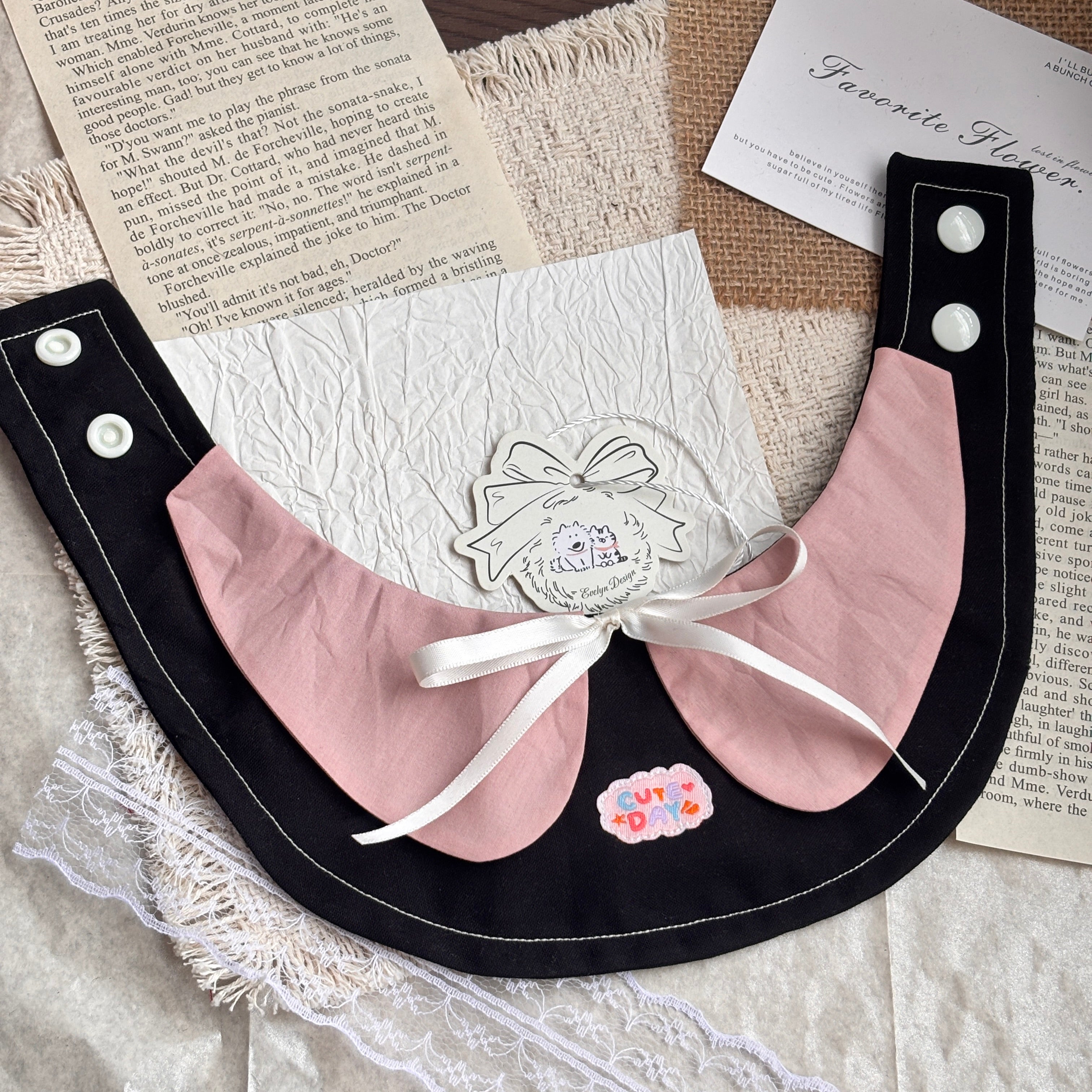 Black Pink Handmade Patchwork Embroidered Bow Cat Dog Pet Bib