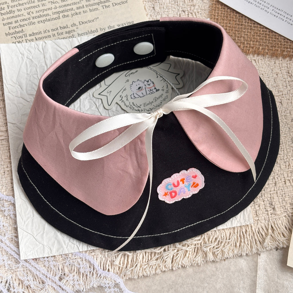 Black Pink Handmade Patchwork Embroidered Bow Cat Dog Pet Bib