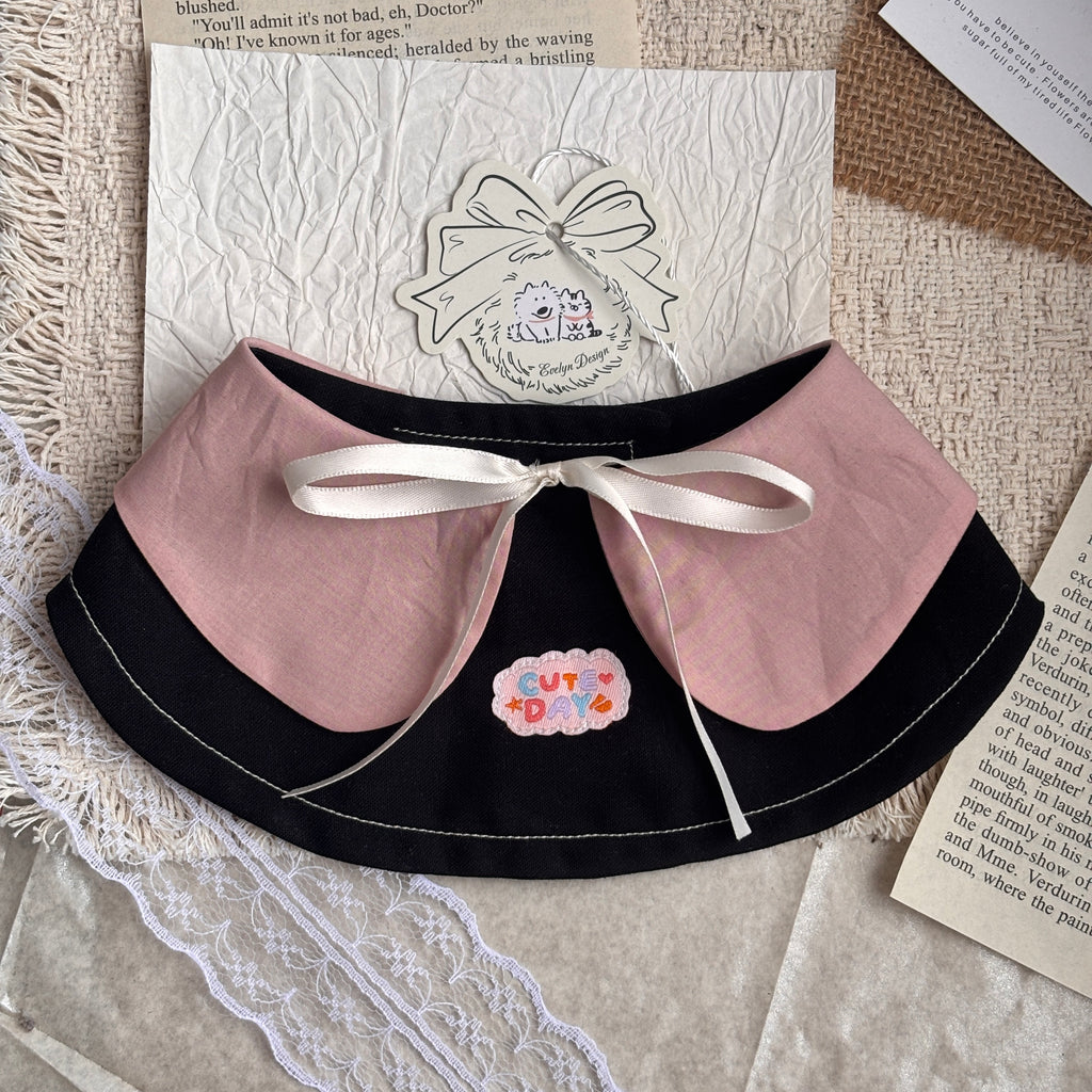 Black Pink Handmade Patchwork Embroidered Bow Cat Dog Pet Bib
