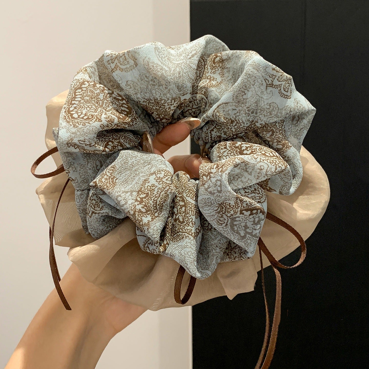 Handmade Vintage Two Tone Bow Scrunchie Oversized Hair Tie
