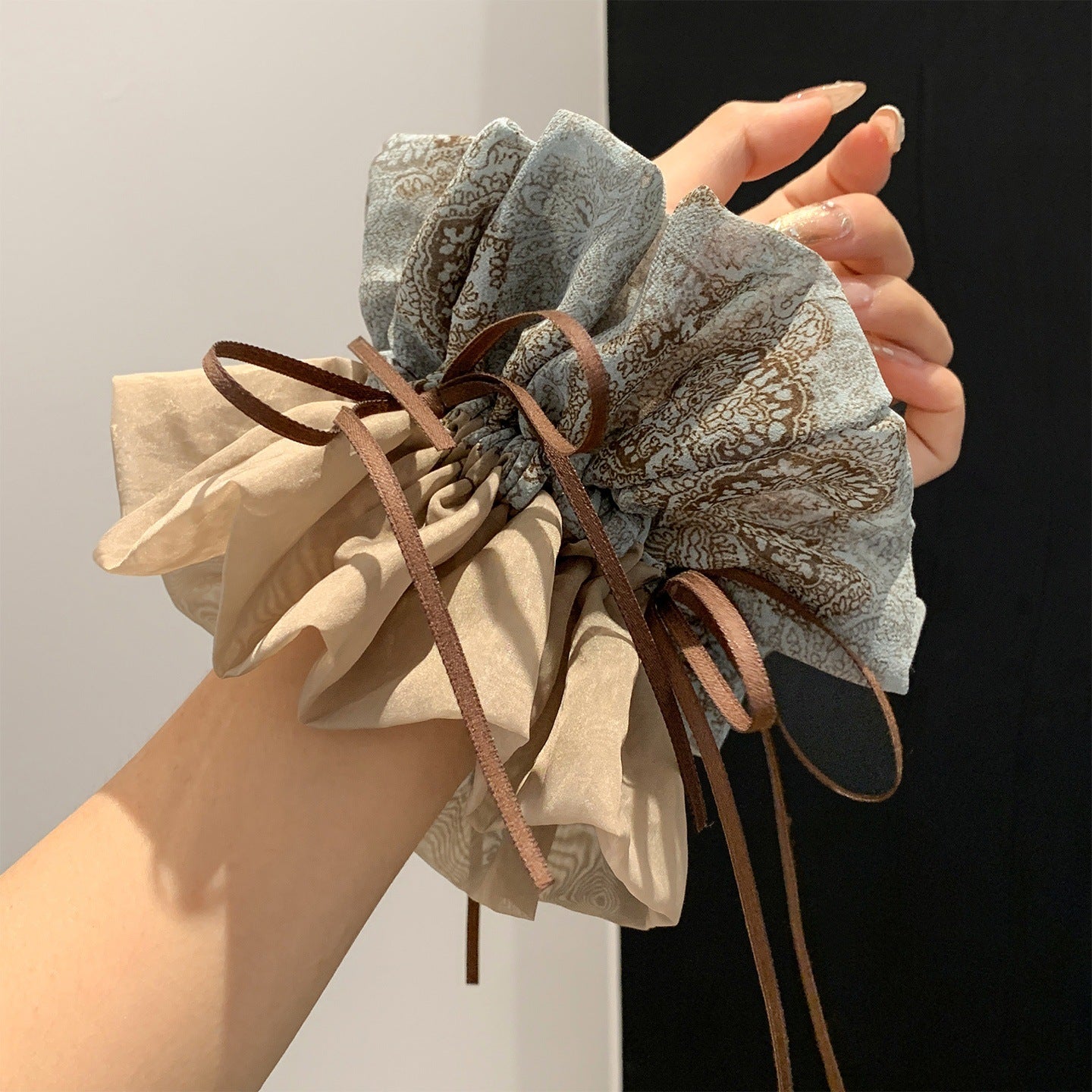 Handmade Vintage Two Tone Bow Scrunchie Oversized Hair Tie