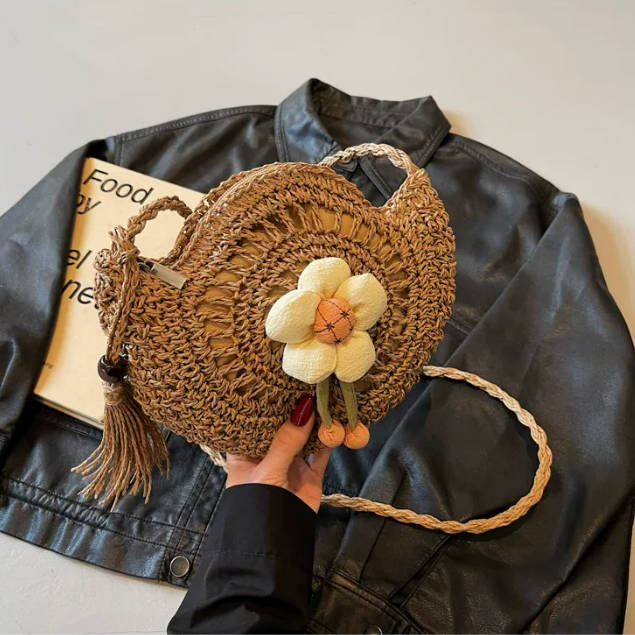 Summer Bohemia Straw Round Bag Handmade Woven Crossbody Bag