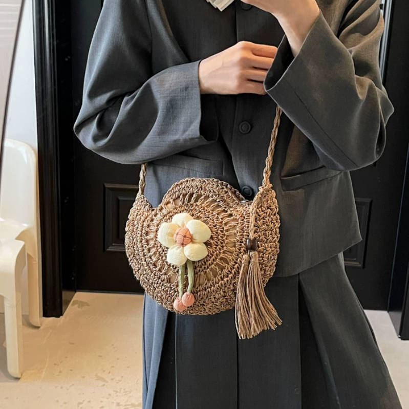 Summer Bohemia Straw Round Bag Handmade Woven Crossbody Bag