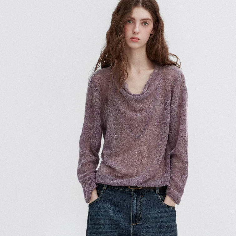 Women Retro Tie-Dye Cowl Neck Lamb Wool Long Sleeves Tops