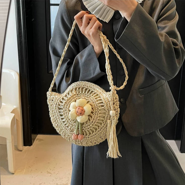 Summer Bohemia Straw Round Bag Handmade Woven Crossbody Bag