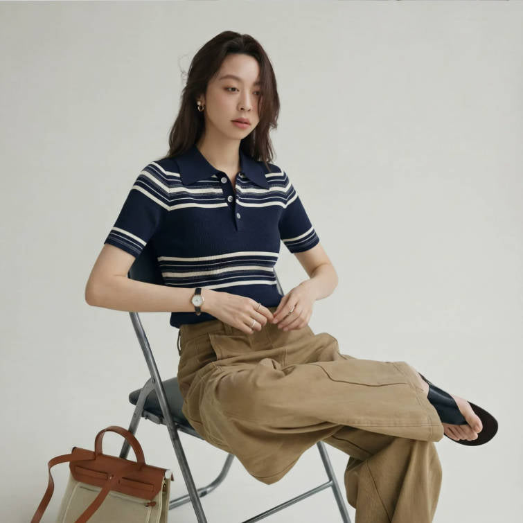 Vintage Sommer Kurzarm-Poloshirt mit Streifen