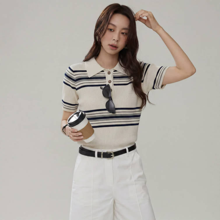 Vintage Sommer Kurzarm-Poloshirt mit Streifen