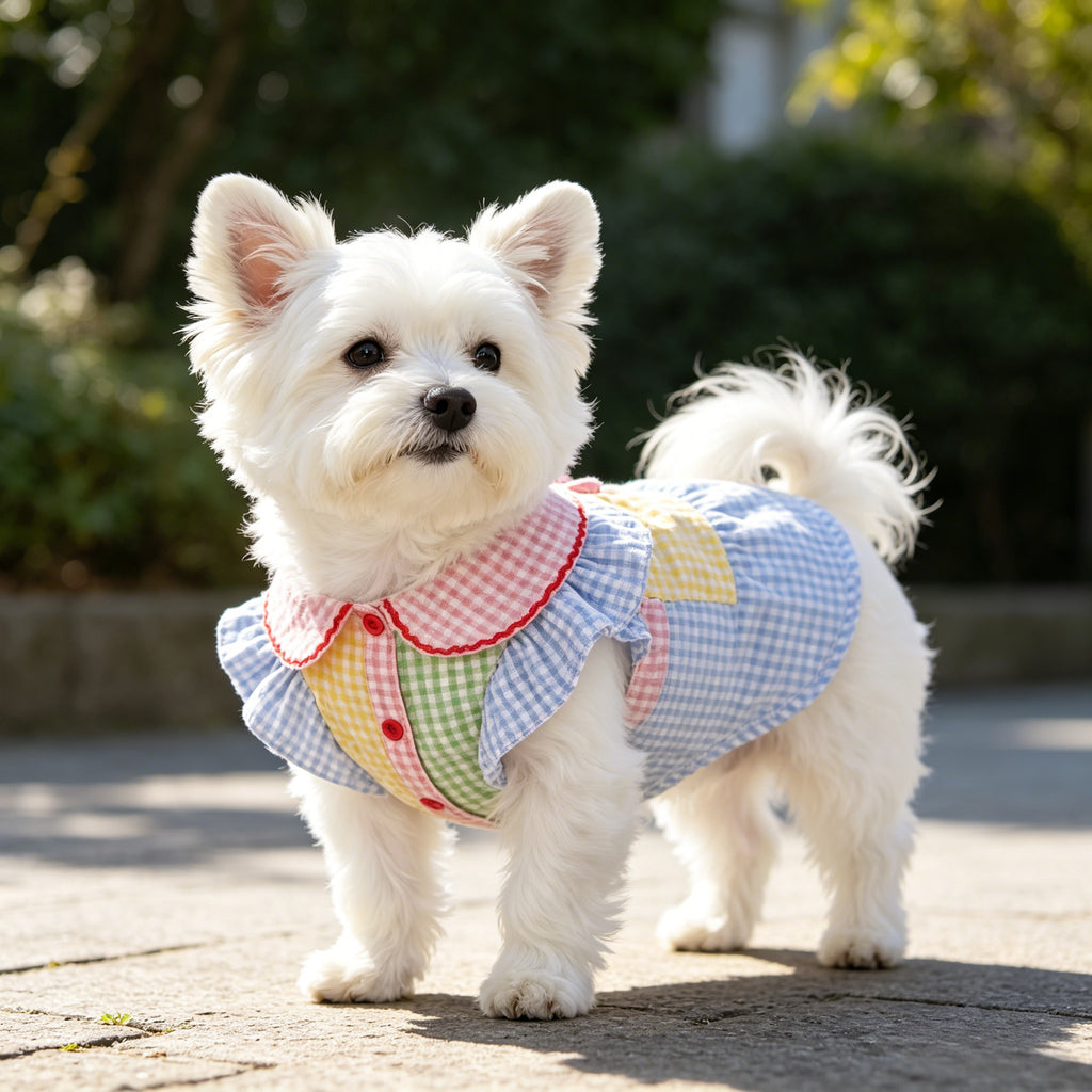 Summer Color Block Plaid Teddy Thin Pet Shirt Dress