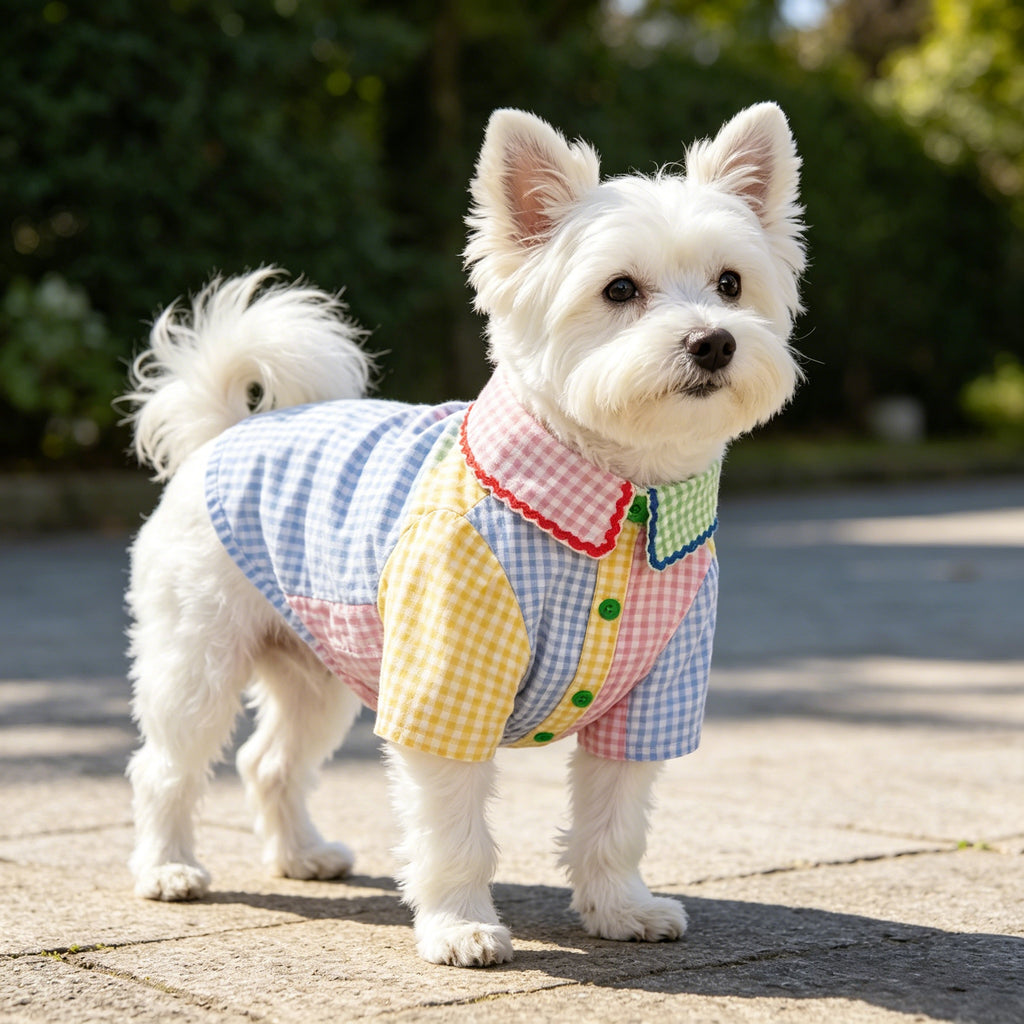 Summer Color Block Plaid Teddy Thin Pet Shirt Dress