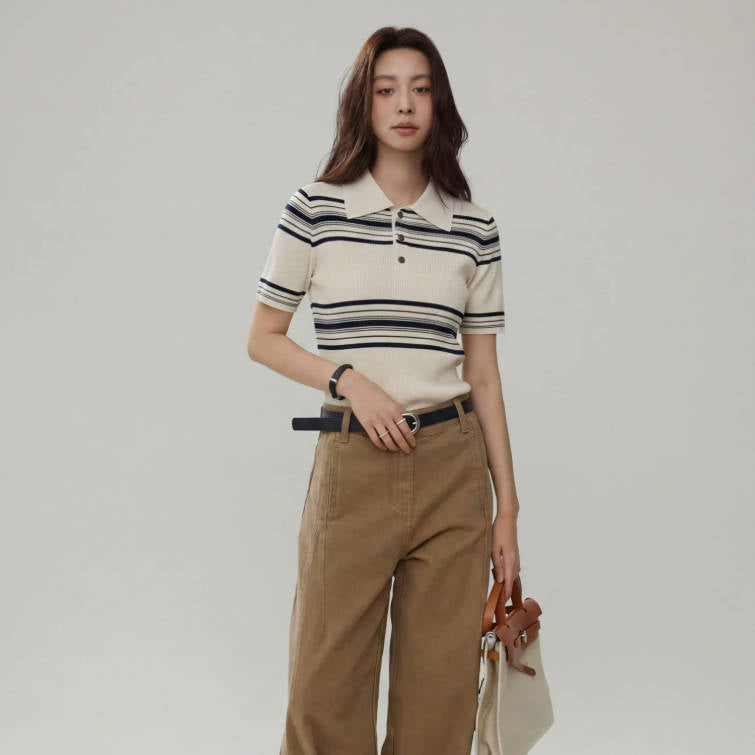 Vintage Sommer Kurzarm-Poloshirt mit Streifen