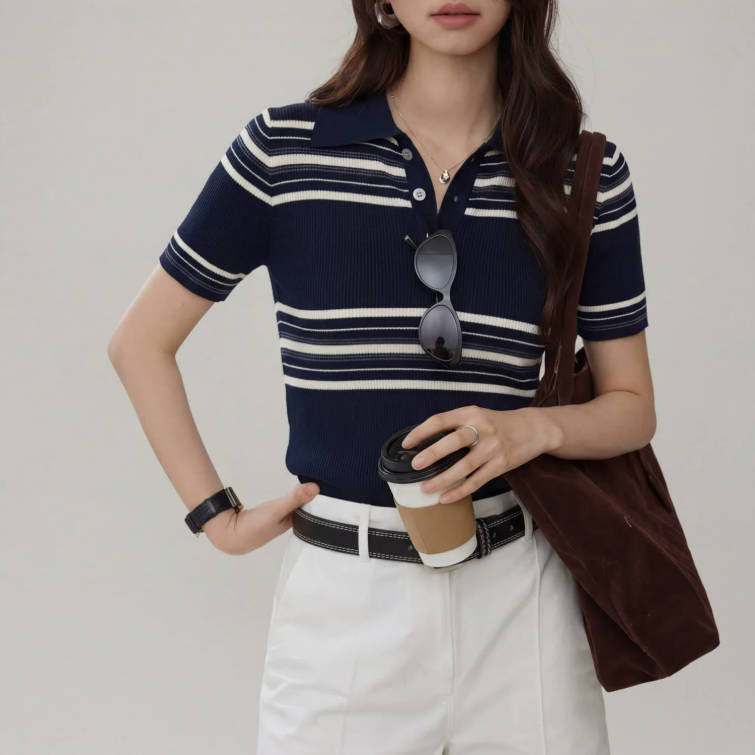 Vintage Sommer Kurzarm-Poloshirt mit Streifen