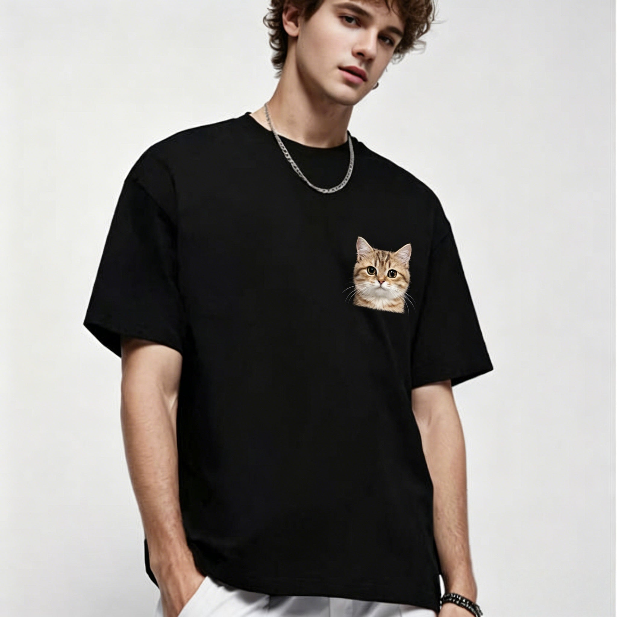 Custom Pet Portrait Cotton T-Shirt 220g Heavyweight With Pet Pattern