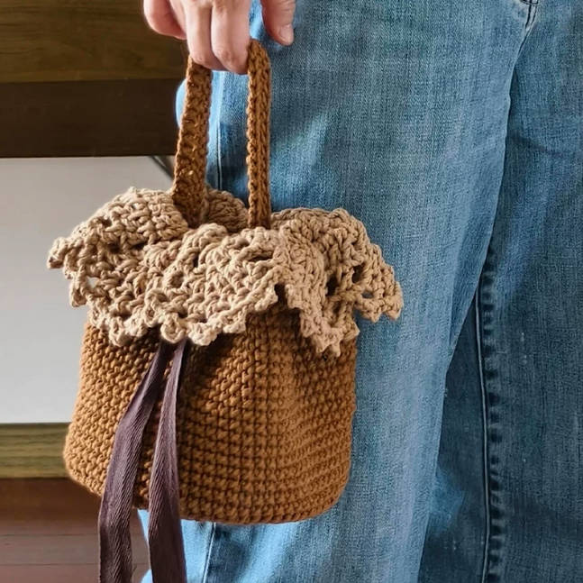 Vintage Handmade Crochet Lace Bucket Hand Bag Gift Bag