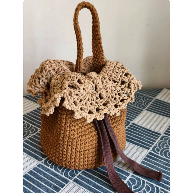 Vintage Handmade Crochet Lace Bucket Hand Bag Gift Bag