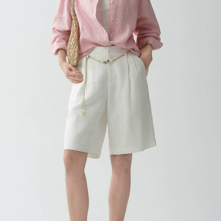Summer Retro 100% Linen Solid Color Loose Elastic Waist Shorts