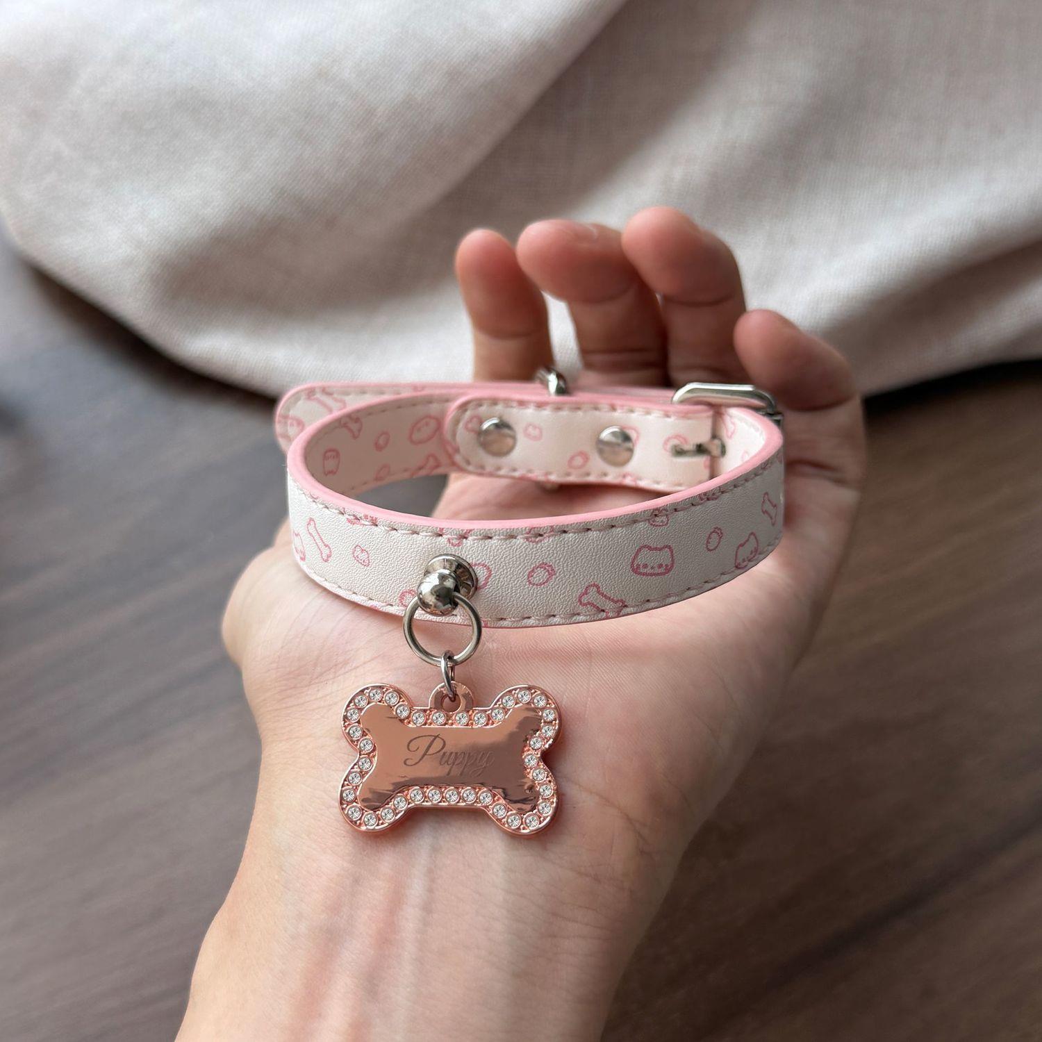 Custom Cute Leather Pink Pattern Adjustable Collar With Engravable Pet Tag