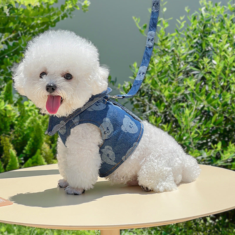 Denim Pet Shirt For Dogs & Cats | Summer Pet Outfit With Leash Attachment
