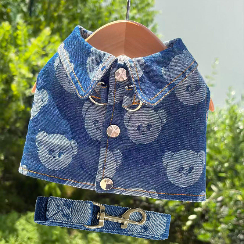 Denim Pet Shirt For Dogs & Cats | Summer Pet Outfit With Leash Attachment
