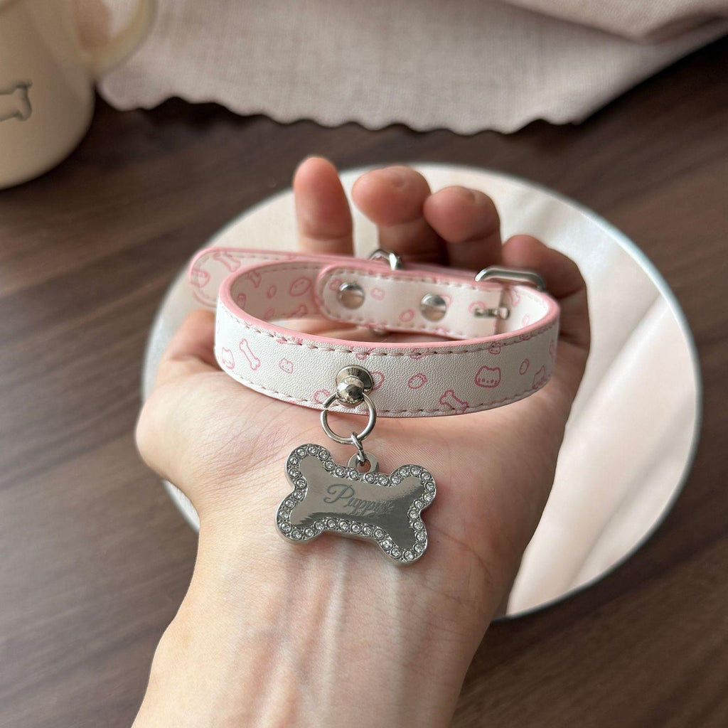 Custom Cute Leather Pink Pattern Adjustable Collar With Engravable Pet Tag