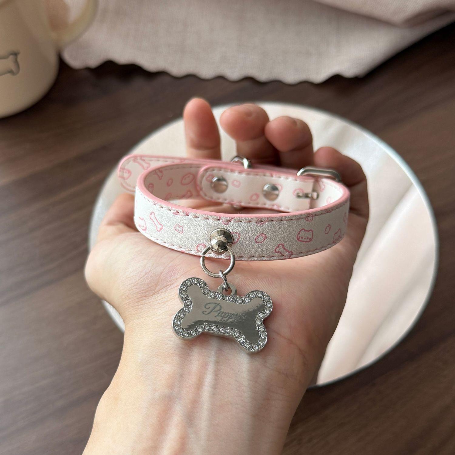 Custom Cute Leather Pink Pattern Adjustable Collar With Engravable Pet Tag