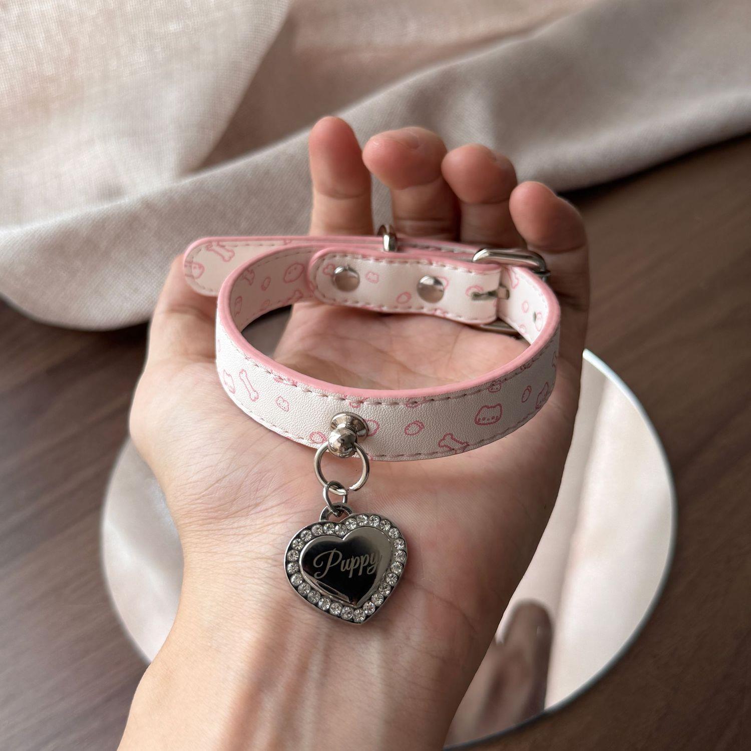 Custom Cute Leather Pink Pattern Adjustable Collar With Engravable Pet Tag