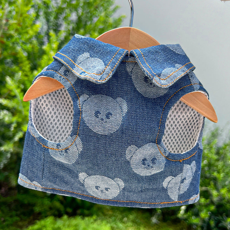Denim Pet Shirt For Dogs & Cats | Summer Pet Outfit With Leash Attachment