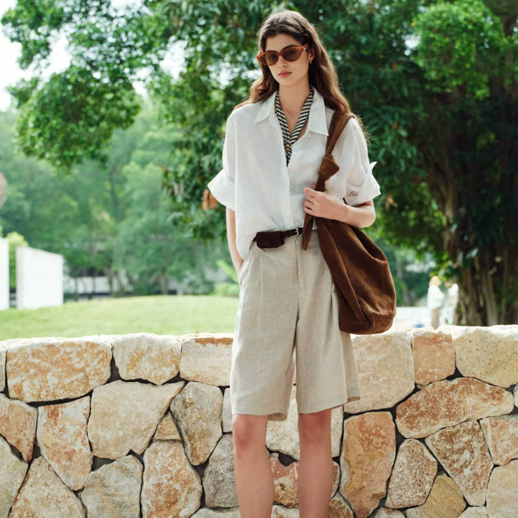 Summer Retro 100% Linen Solid Color Loose Elastic Waist Shorts