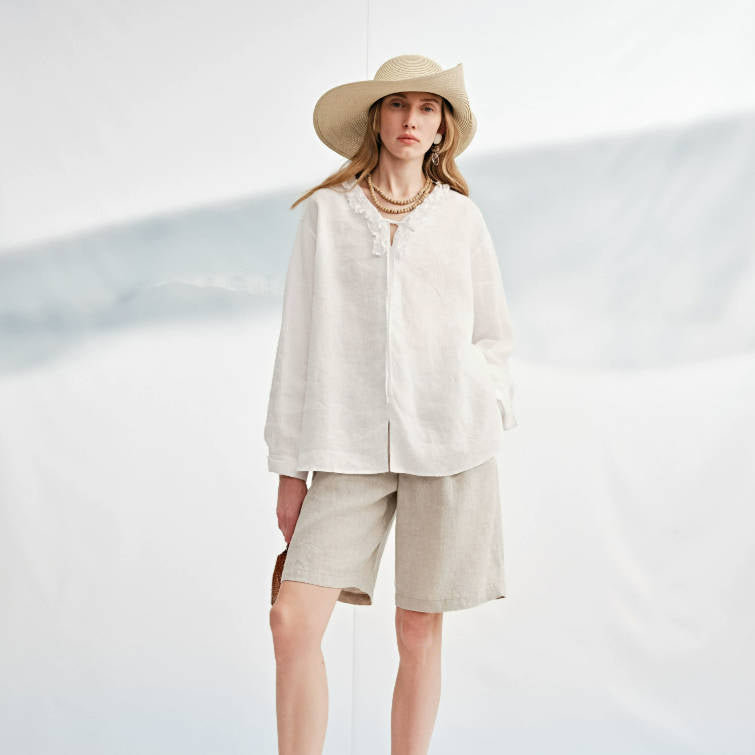 Summer Retro 100% Linen Solid Color Loose Elastic Waist Shorts