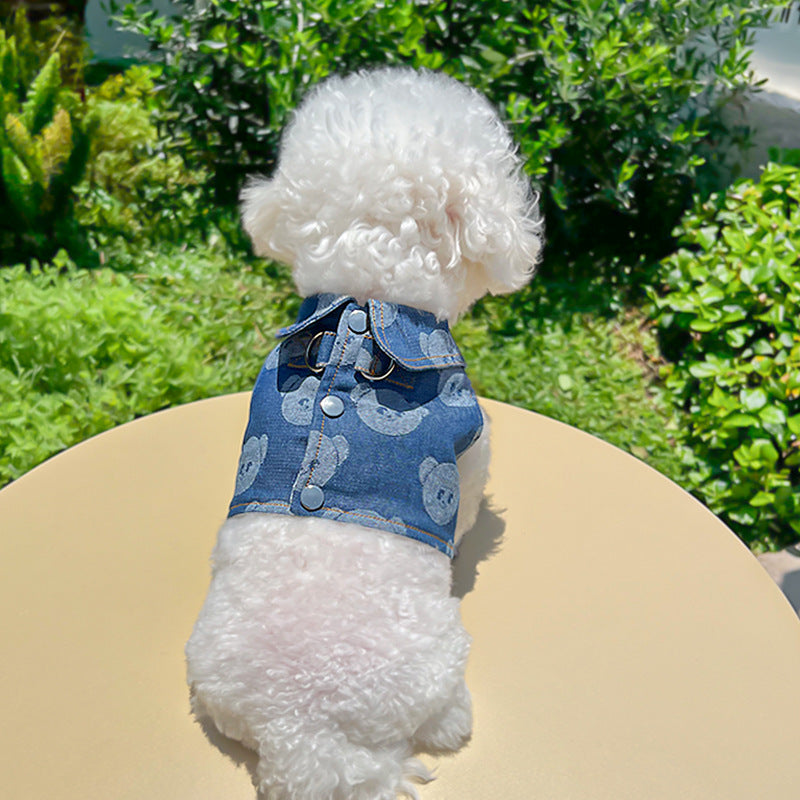 Denim Pet Shirt For Dogs & Cats | Summer Pet Outfit With Leash Attachment