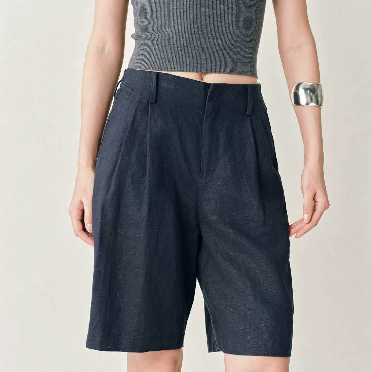 Summer Retro 100% Linen Solid Color Loose Elastic Waist Shorts